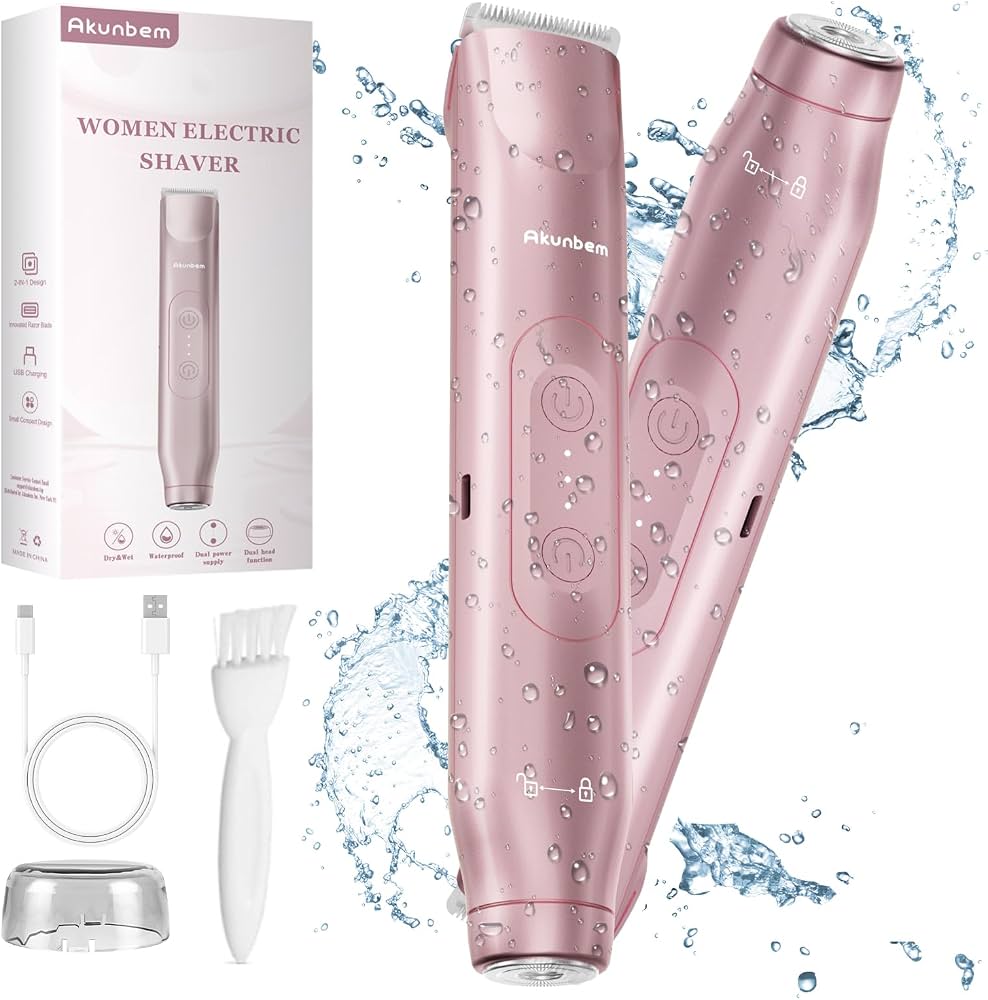 Akunbem Bikini Trimmer for Women - 2 in 1 Electric Razors for Women - Dual Head Electric Shaver - IPX7 Waterproof Wet & Dry Use Body Hair Trimmer and Facial Hair Remover for Bikini Underarm Leg Arm